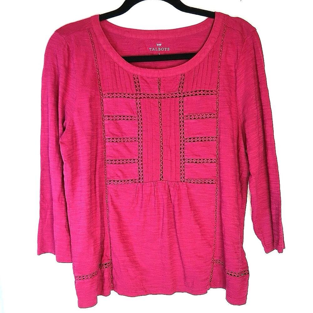 TALBOTS Lace Trim Jersey Pintuck‎ Scoop Neck 3/4 Sleeve Cotton Slub